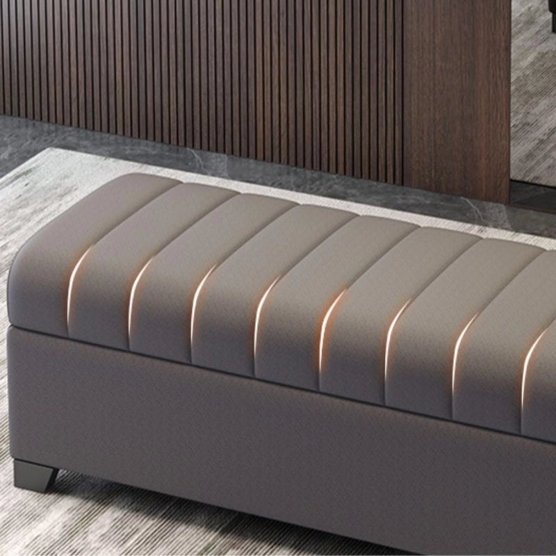 Matte-finish grey bench ottoman with lift-up top and solid legs, benches and ottomans