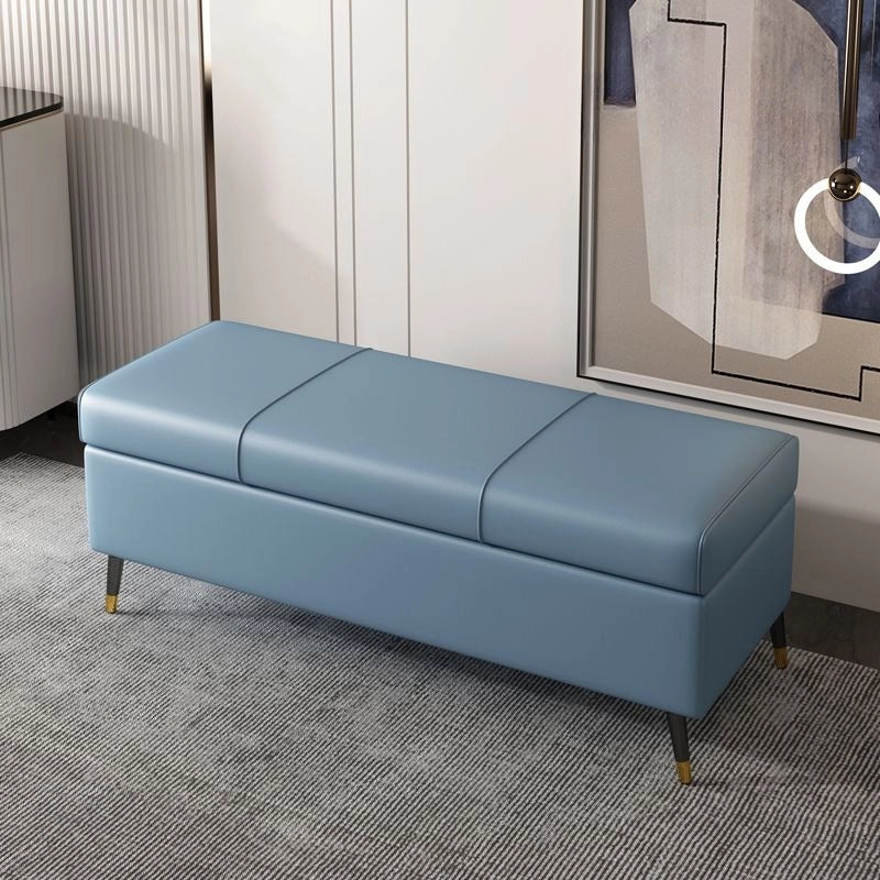 Sleek rectangular bed bench with hidden storage and smooth faux leather upholstery