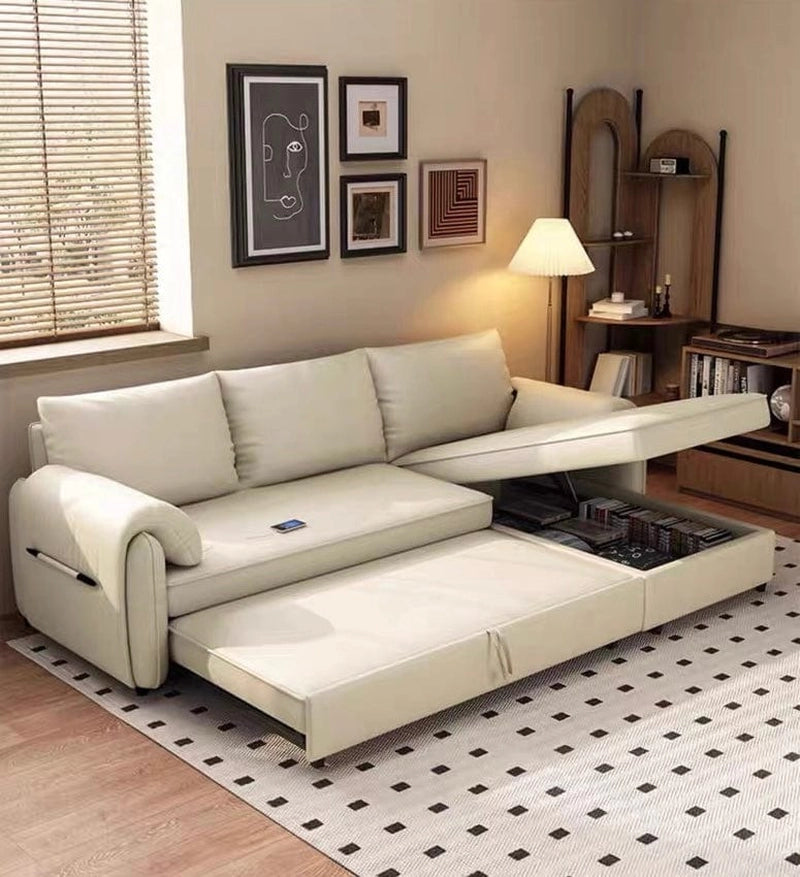 Rounded armrest detail and plush cushions, convertible sofa bed, sofa cum bed design
