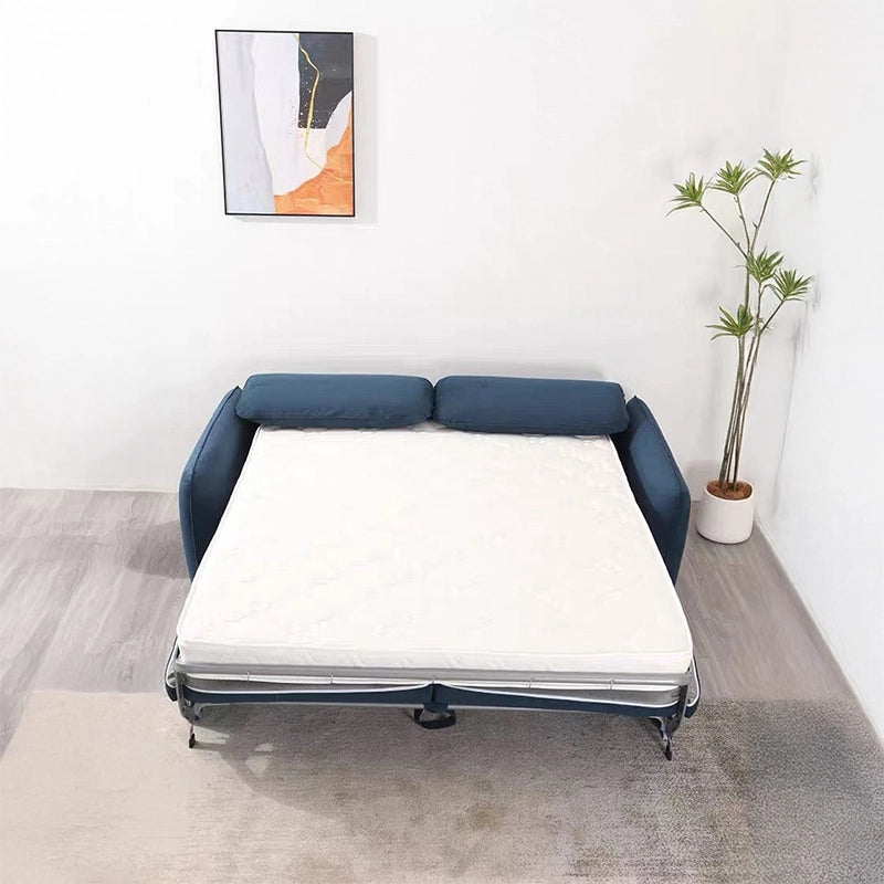  Bed mode photo showing flat layout, sofa cum bed + sofacumbed, metal legs, queen-size sleeper