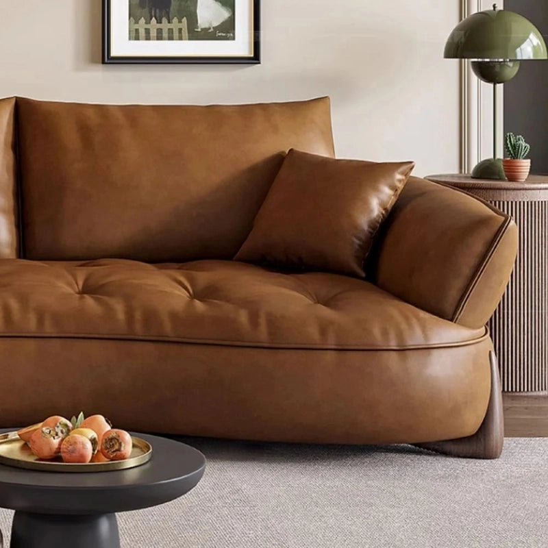 Curved backrest with designer lines – design sofa design + leather couch + leather + tan brown