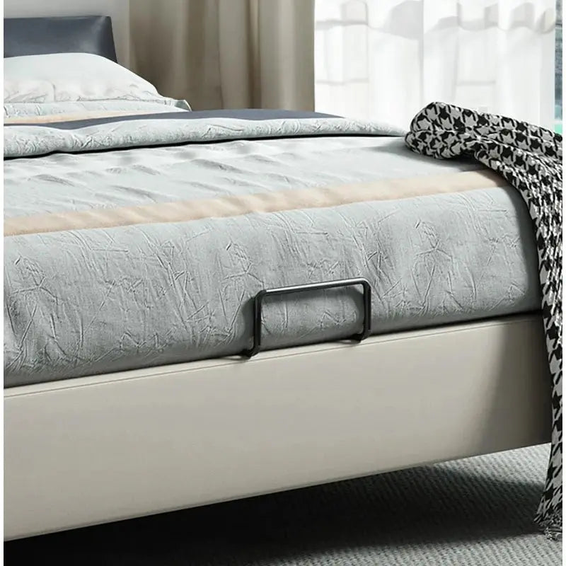 Luxury upholstered bedcot featuring hydraulic storage and elegant headboard