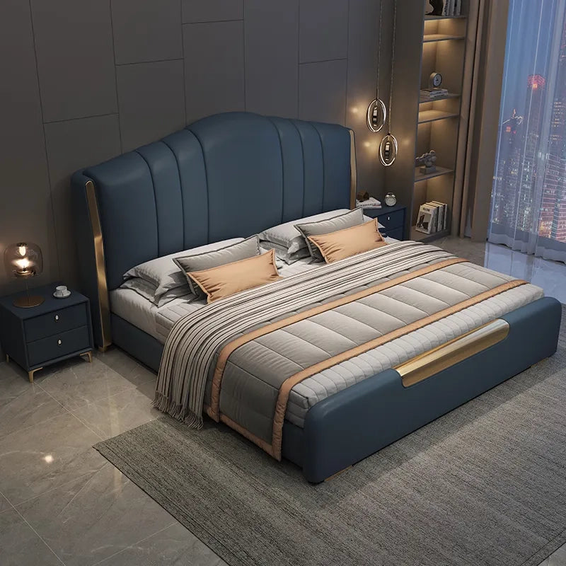 Navy blue leatherette bed with gold trim, bed and cot, new bed design