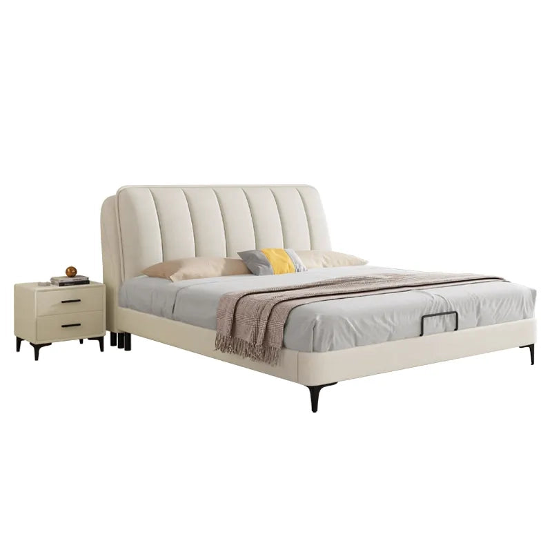 Designer photograph, bed frame, modern bed design, cushioned headboard, off-white finish