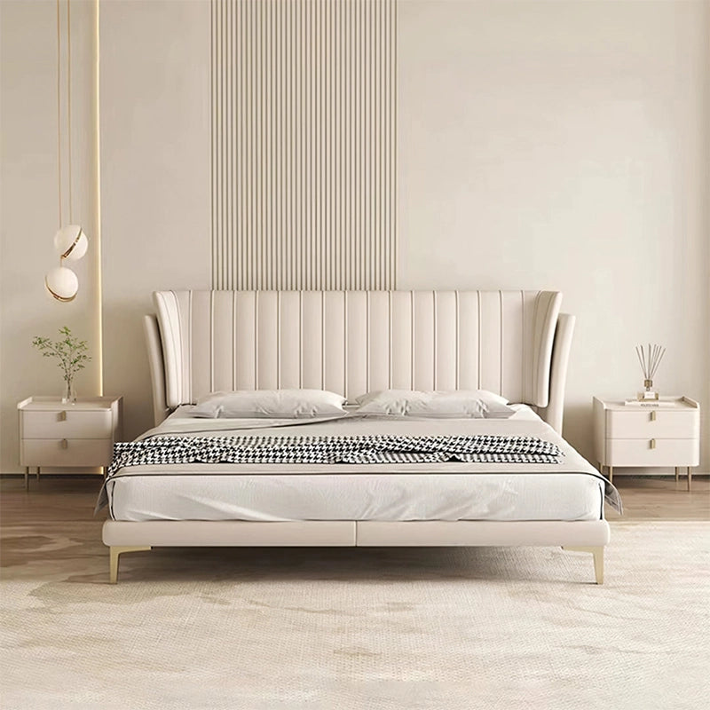 Elevated platform look with smooth finish, bed frame, modern bed design, beige faux leather