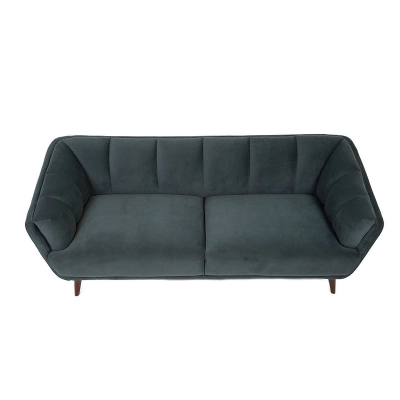 Slanted angle picture of wooden leg settee, sofa set dizain, order couch online, olive green, fabric sofa