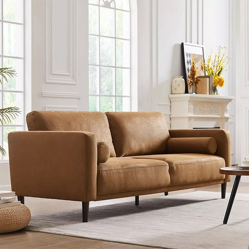 Straight profile and squared edges – modern sofa design + living room couch + camel brown