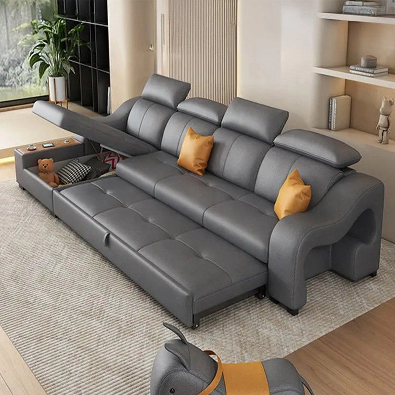 Pull-out mechanism in use | sofa bed couch | premium faux leather | Grey