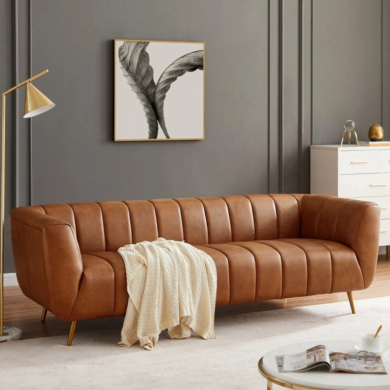 Caramel brown couch finish – custom tailored sofa – 3 seat – leatherette – gold leg base