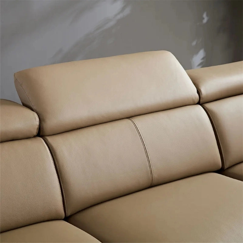 Adjustable headrest leather settee with set sofa design, brushed steel legs