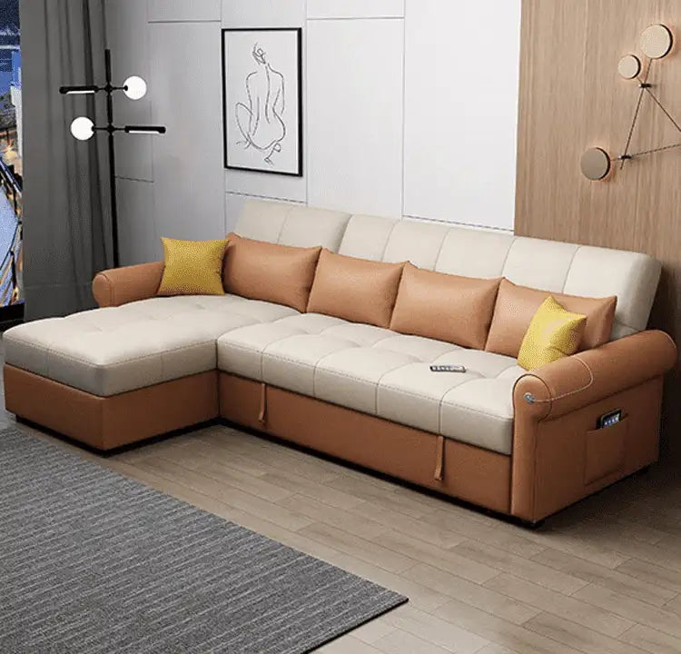 Two-tone beige sofa bed couch with tufted seat and pocketed spring comfort