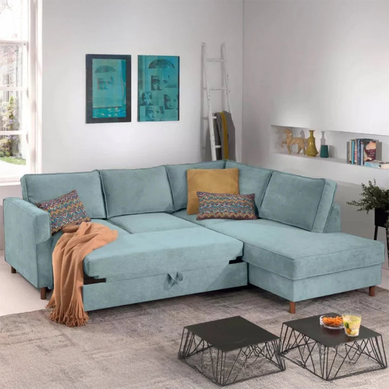 Urban velvet sofa cum bed setup with accent pillows | convertible couch sleeper | wooden legs

