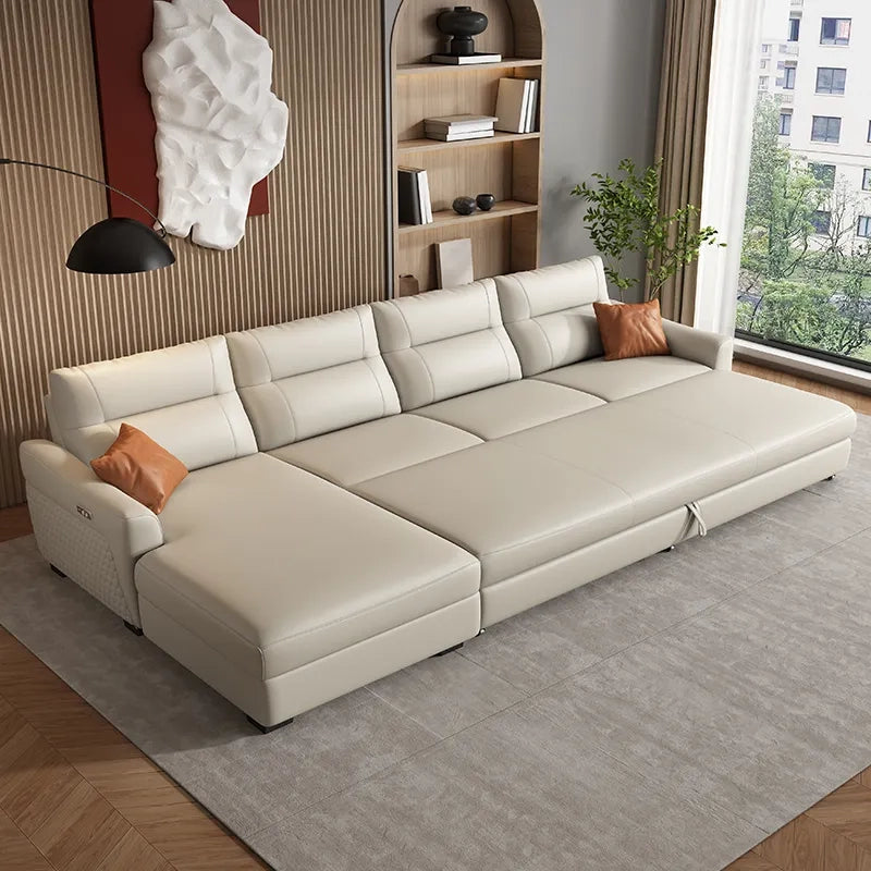 Picture of faux leather L-sofa sleeper sofa with convertible sofa bed and storage feel – tan accents