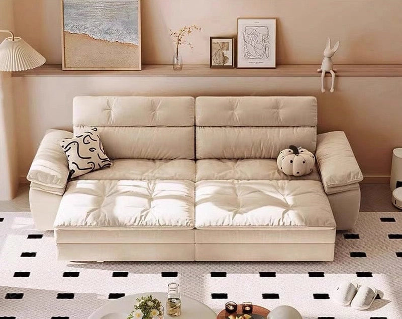 Wide seat cushions and no visible legs – sofacumbed, sofa sleeper – neutral tone finish