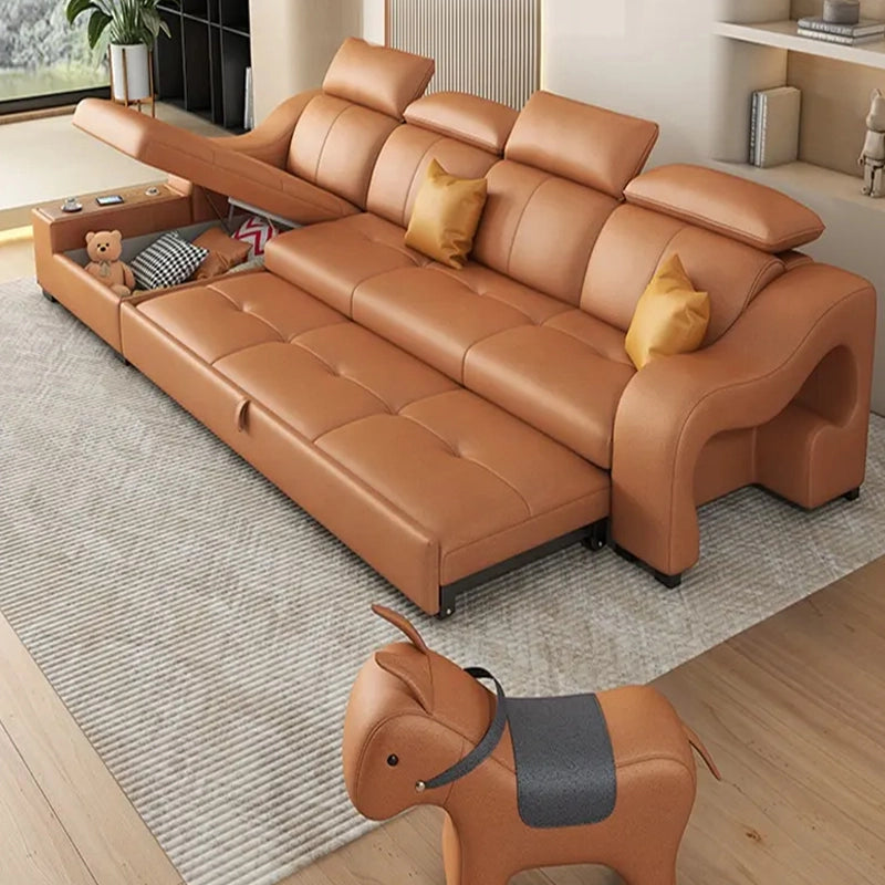 High-back silhouette and inset arms | sofa bed design | low-profile frame | tan