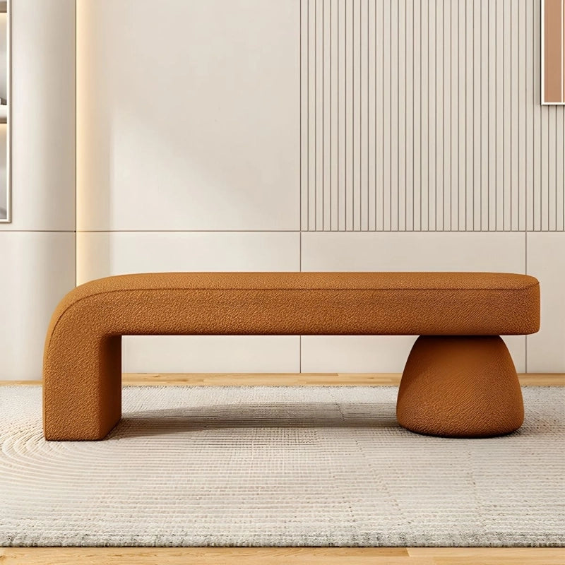 Japandi inspired profile with terracotta finish and sleek bench ottoman layout

