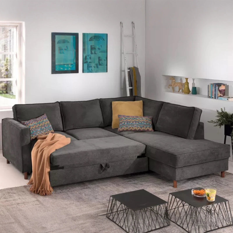 This L-shaped convertible couch bed merges a stylish profile with reliable function, designed to meet the needs of compact Indian homes.