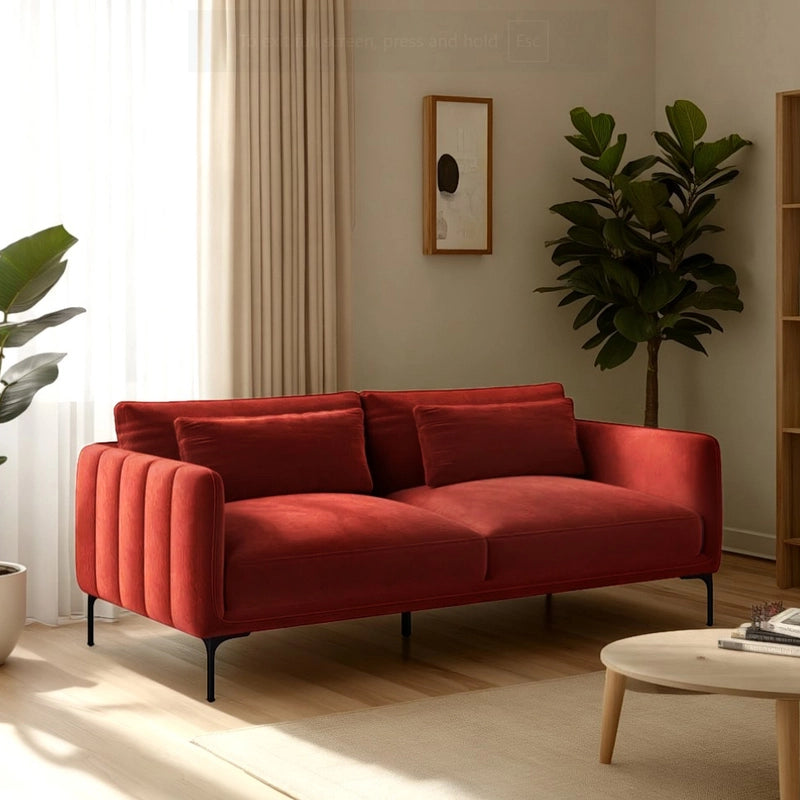 Modern living room couch setup, contemporary sofa design, fabric sofa, red