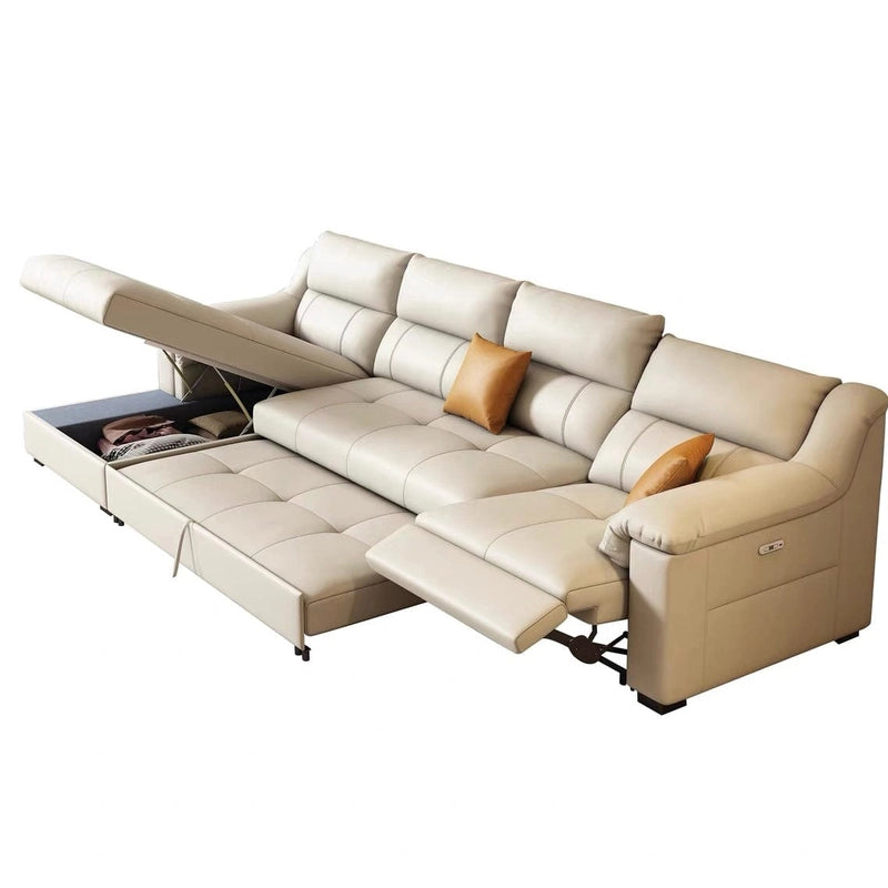 The design includes motorised recliner footrests, plush backrests, and hidden under-seat storage, offering both comfort and practicality.