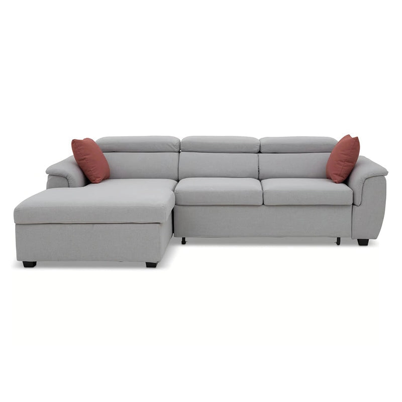 This right-hand sectional features a queen-size sleeping area, integrated storage in the chaise, and adjustable headrests—perfect for casual lounging or as a guest bed. 