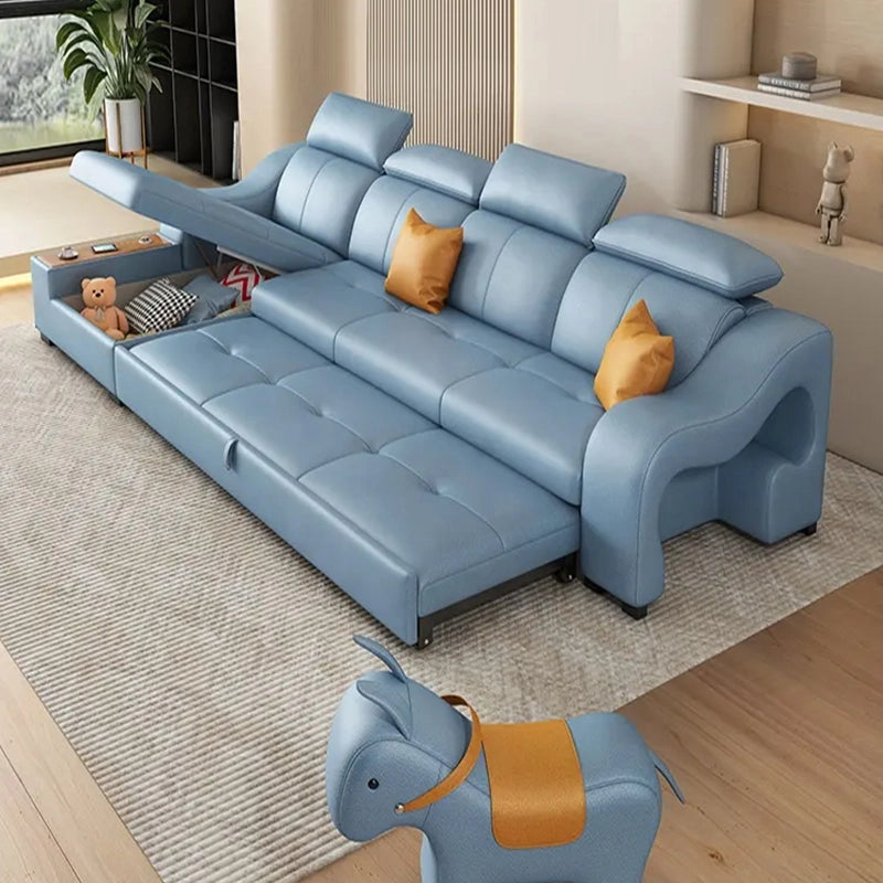 Tufted cushions with sculpted armrests | sofa cum bed design | black matte legs | light blue