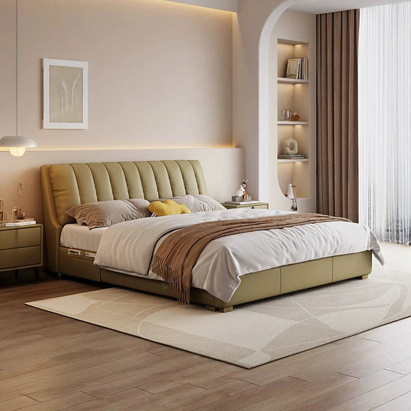 Upholstered low-rise footboard, new bed design and bed online features in olive colour