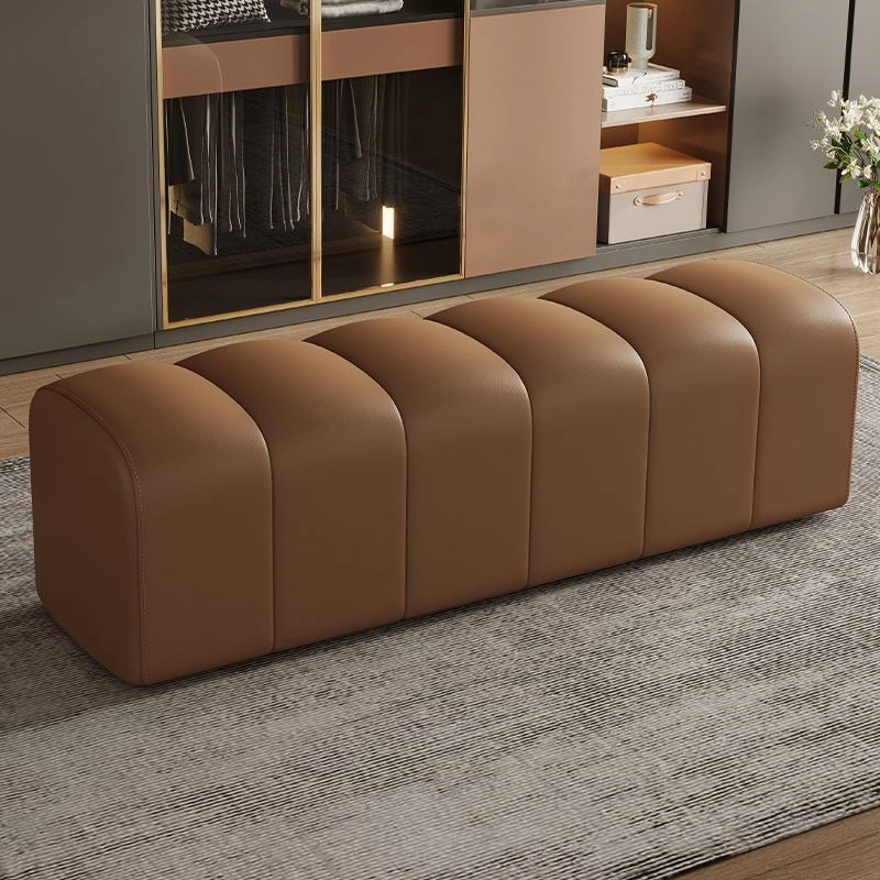 Camel faux leather rectangular sofa bench with vertical channelling and no-leg base