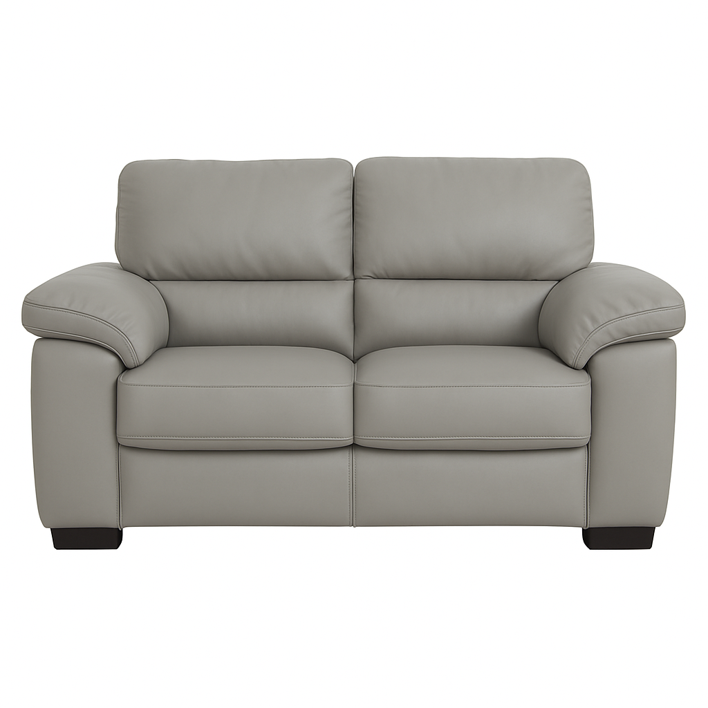 Crafted with a solid neem wood frame, this 3+2+1 combination sofa features soft grey upholstery in pure leather, matched with deep-cushioned seats and pillow-top arms for comfort.