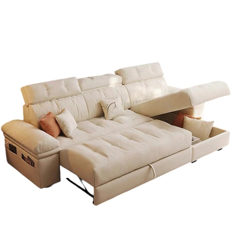This L-shaped convertible couch, upholstered in breathable beige fabric, doubles as a sofa cum bed with a pull-out mechanism. 