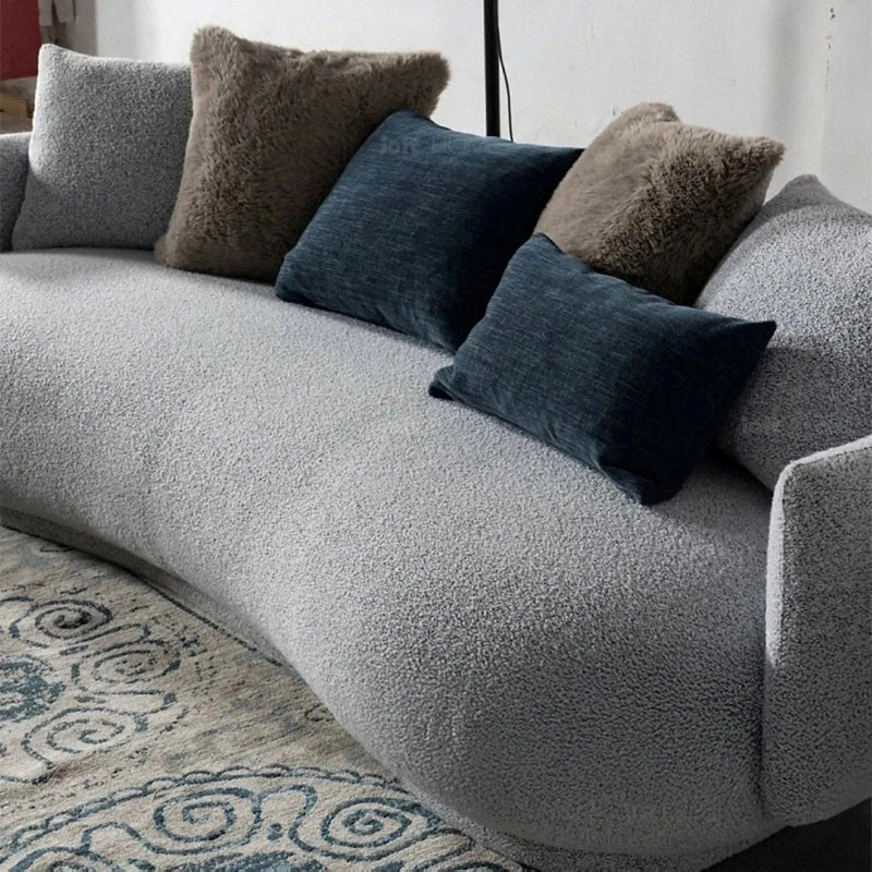 Bean-shaped minimal couch base, buy sofa online and designable sofa set in boucle