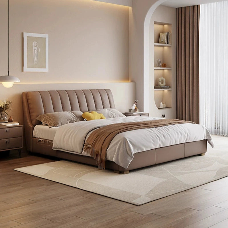Built from durable Neem Wood and engineered plywood, the bed features a fully upholstered platform base and a striking vertical channel-tufted headboard