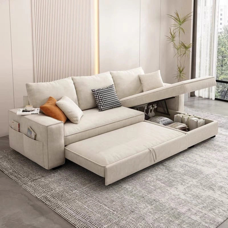 A pull-out mechanism allows this convertible sofa bed to transform into a queen-sized sleep surface in under 30 seconds.