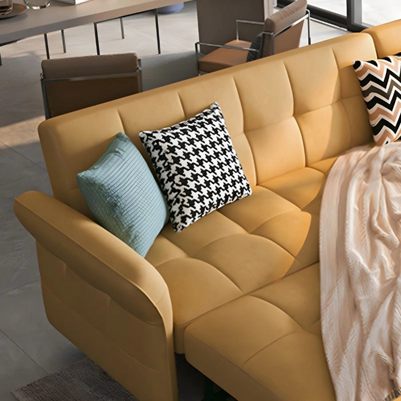 Upholstered in beige or mustard Nova fabric, the sofa cum bed includes side pockets and a lift-up storage chaise, suiting micro-living or studio layouts. 