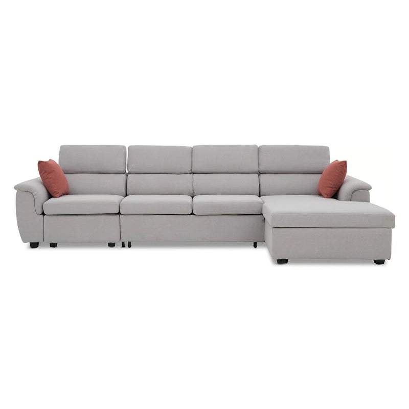 Upholstered in light grey woven fabric with rust accents, it suits contemporary interiors.
