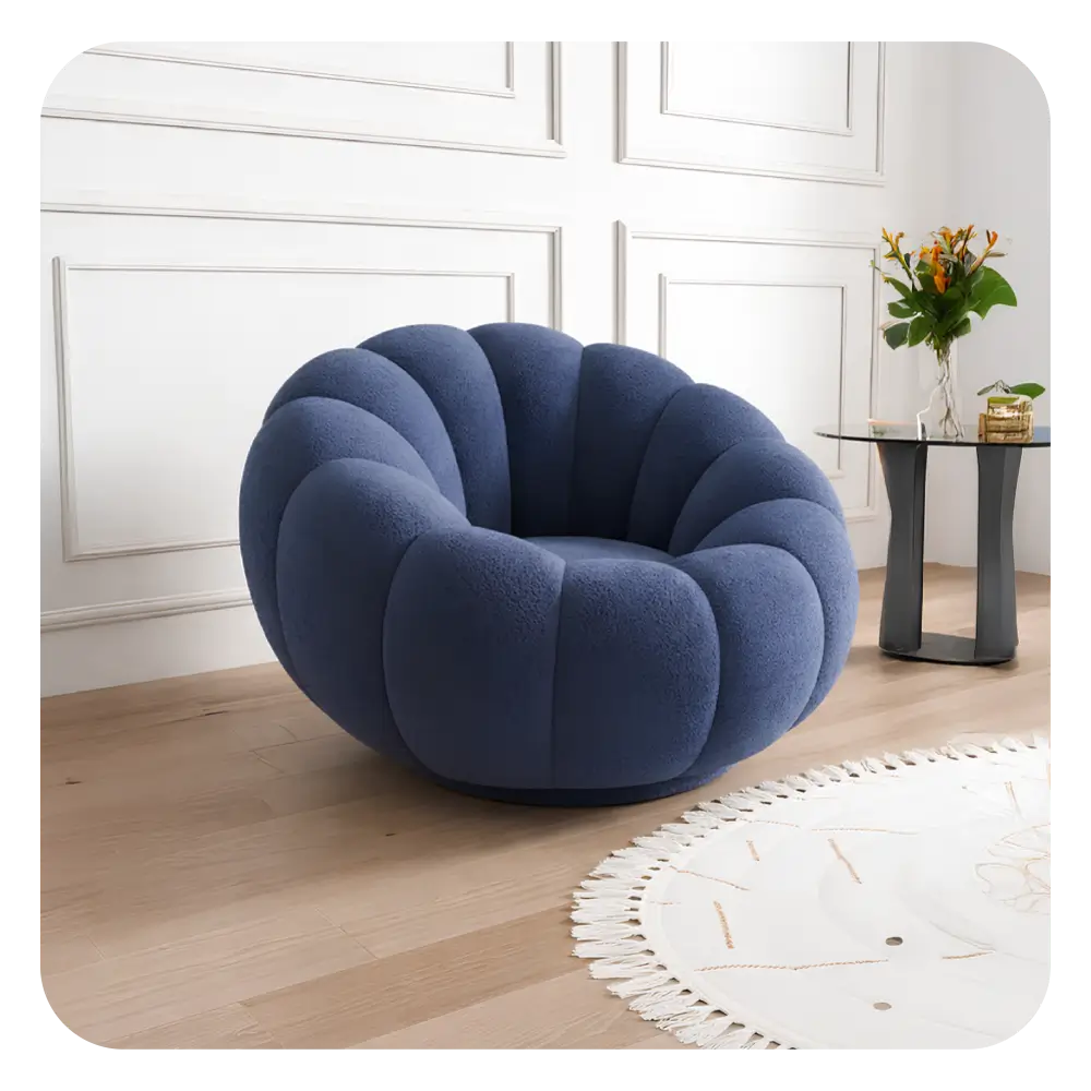 Plush circular lounge design with velvet fabric + reading armchair + comfort chair