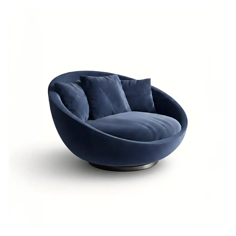 Blue velvet chair with cushions on a white background