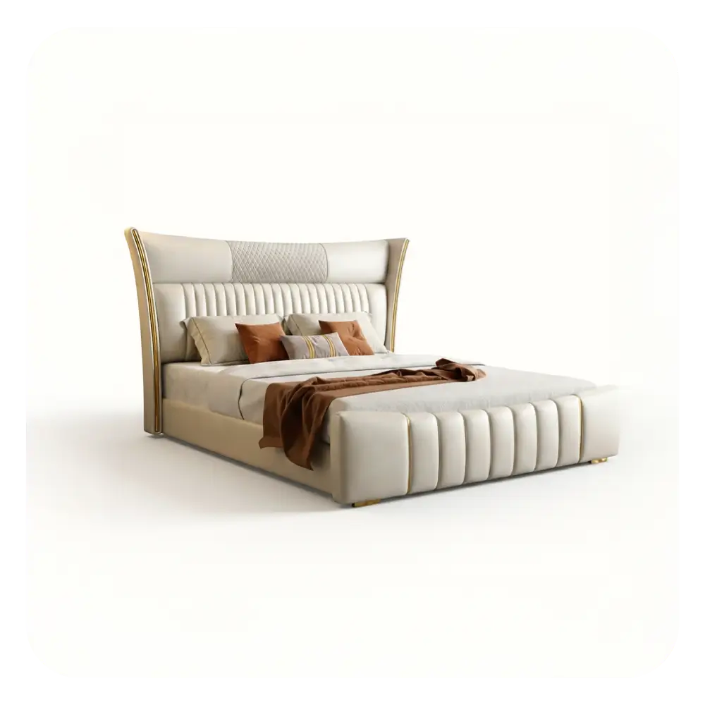 Beige upholstered bed with striped headboard on a white background