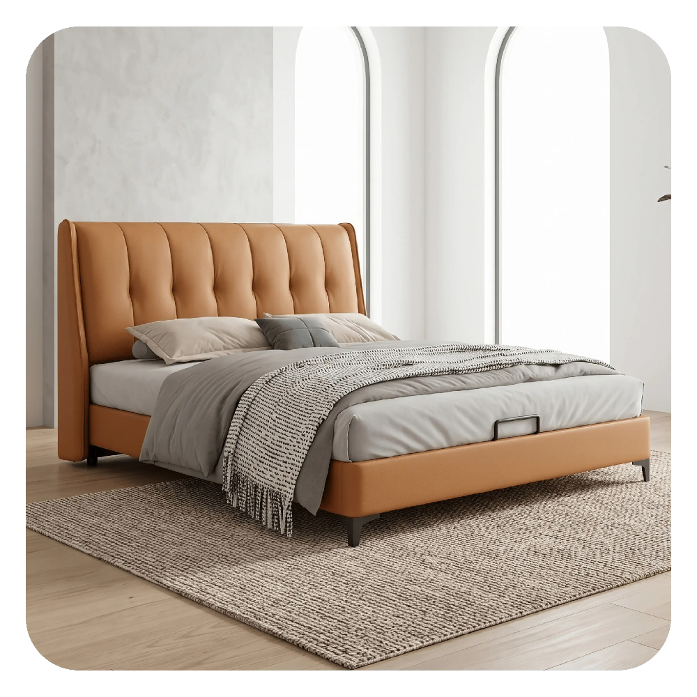 Tall wingback headboard with gold trim, modern bed design, bed frame, beige leatherette