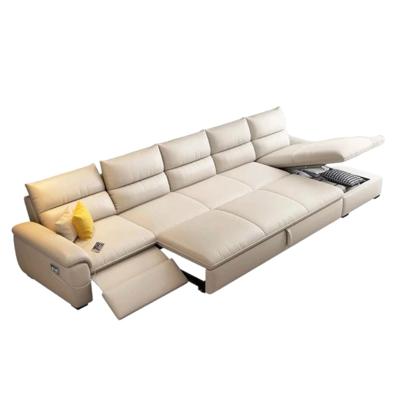 Wrapped in beige faux leather, it functions as both a daily-use couch and a pull-out sleeper sofa, ideal for compact flats or stylish guest rooms