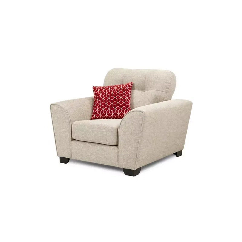 This fabric sofa showcases a neutral beige tone paired with red geometric cushions for a refined accent.