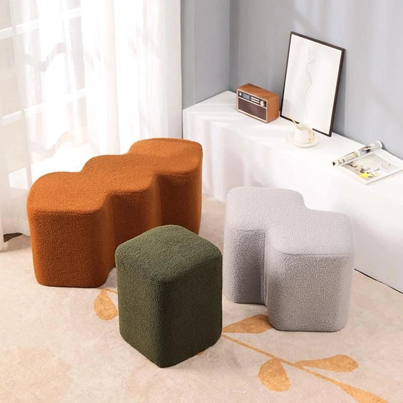 minimal pouf seat footrest bouclé texture olive green