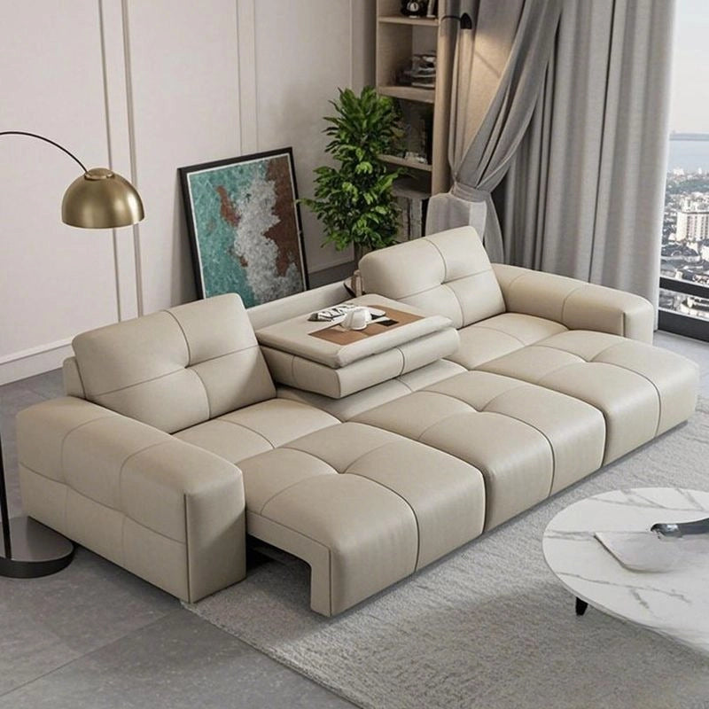 Fold-down tray armrest with USB and cup holders, sofa cum bed design, sleeper sofa beige