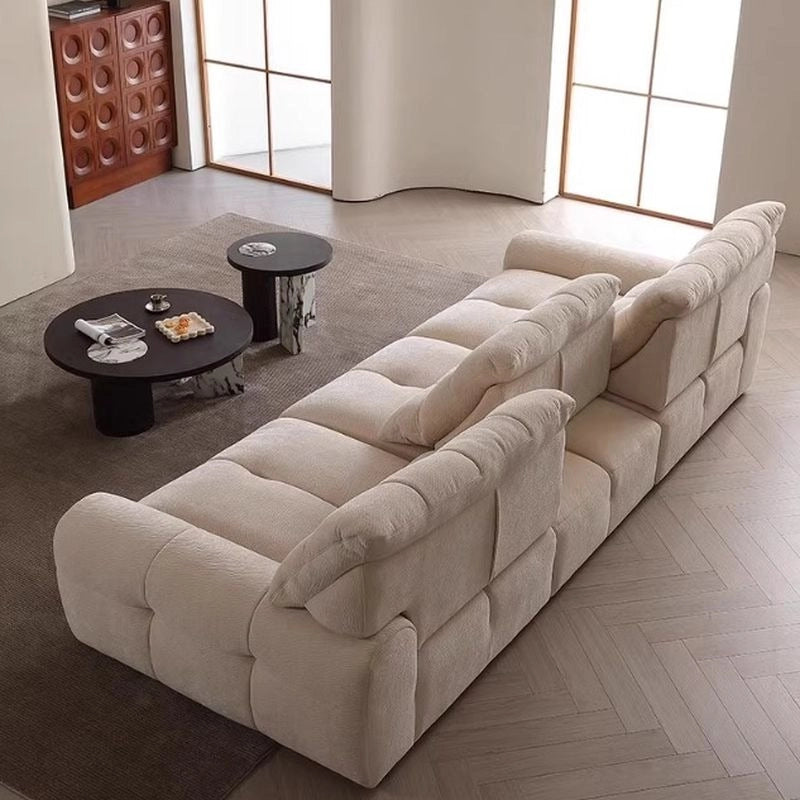 Pull-out bed image from front view, collapsible sofa, clean-line silhouette, beige finish