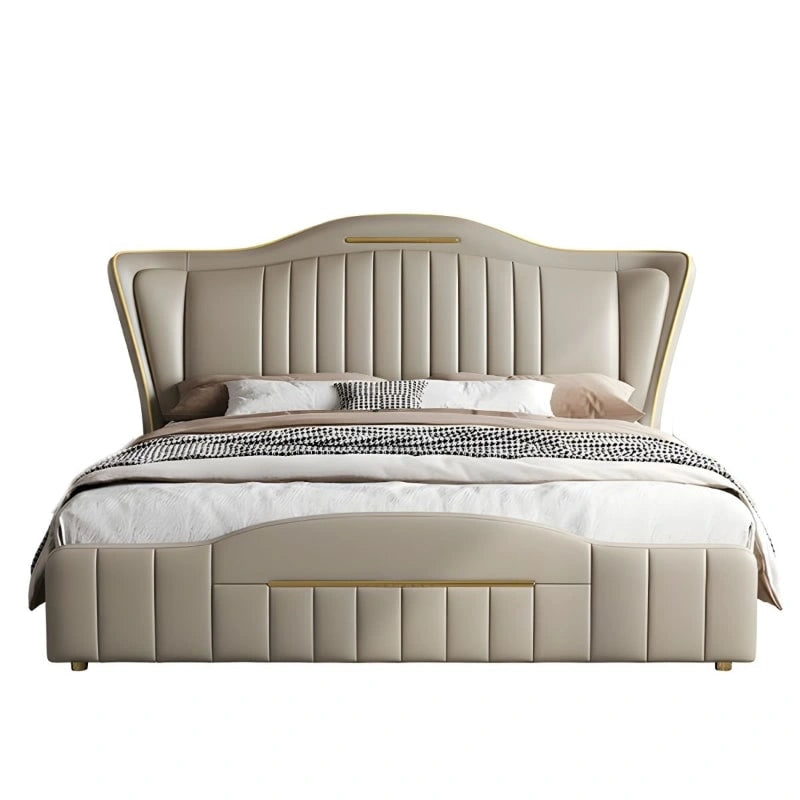 Integrated storage drawer open, bed online, bed for king size, premium beige upholstery