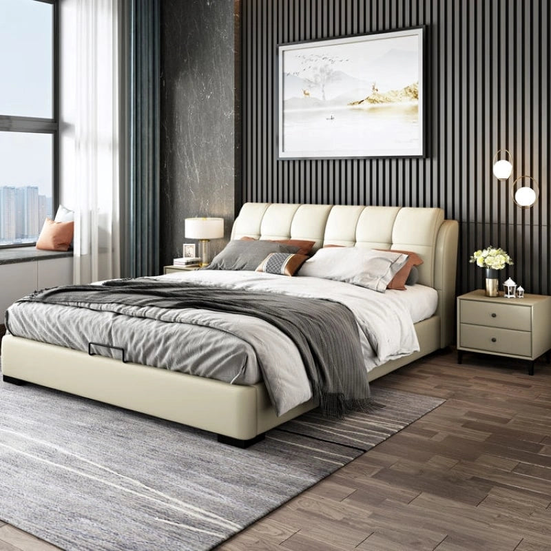 Its grid-stitched cushioned headboard, low-profile cot base, and smooth leatherette finish reflect contemporary European influences ideal for master bedroom spaces