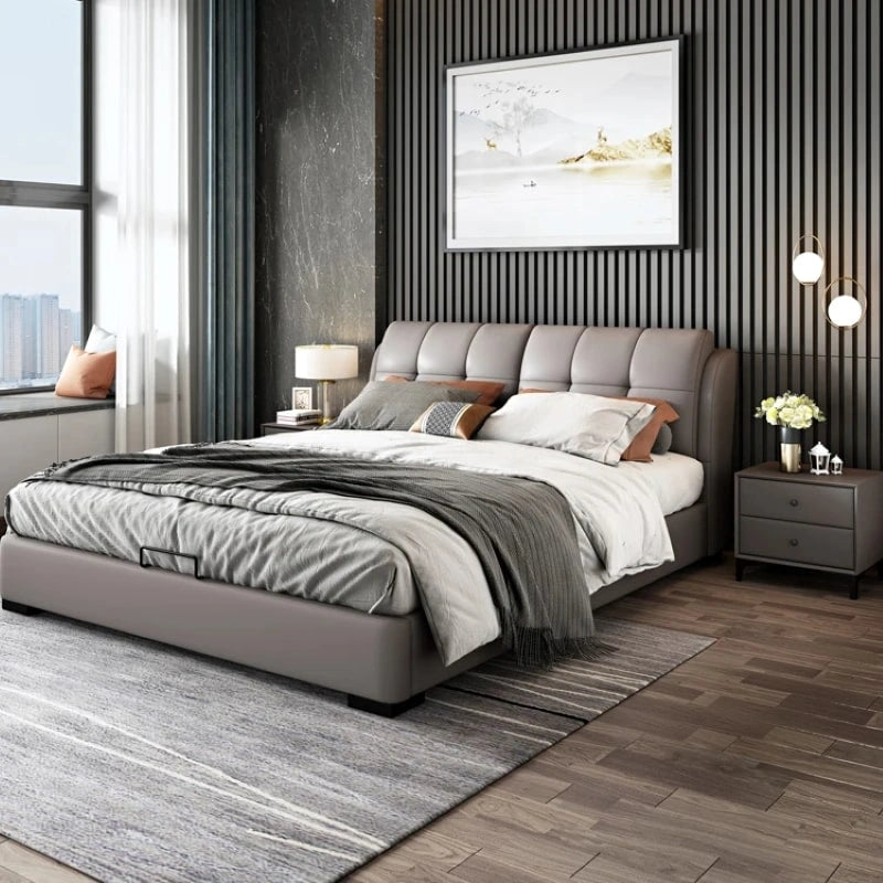 Engineered from Neem Wood and 18 mm plywood, the bed frame ensures strength while retaining a luxurious look in grey, tan, blue, or cream.