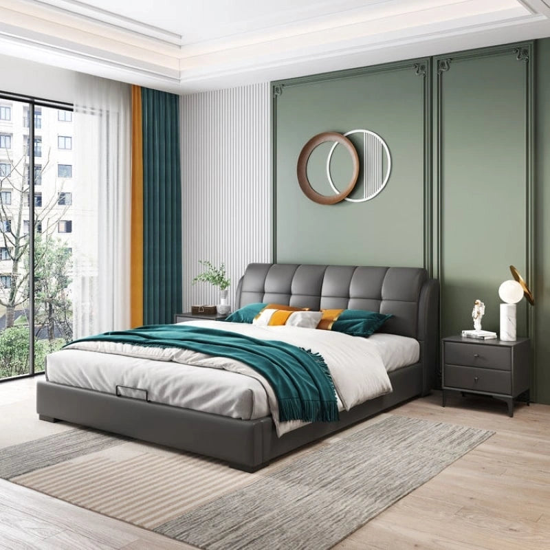 close-up of headboard detail | master bedroom bed design + new bed design beige panel