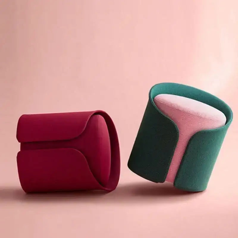 Forest green pouf beside sofa corner – pouffe stool, pouf ottoman – cylindrical shape