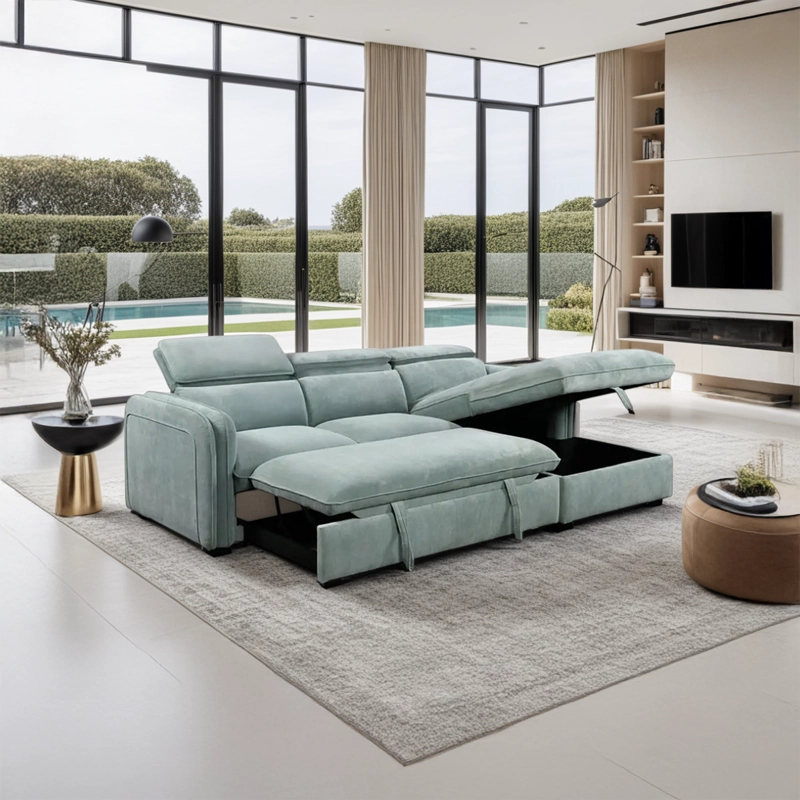 Sleek L-shape sofa bed couch with storage – sofa cum bed, convertible sofa bed – grey fabric