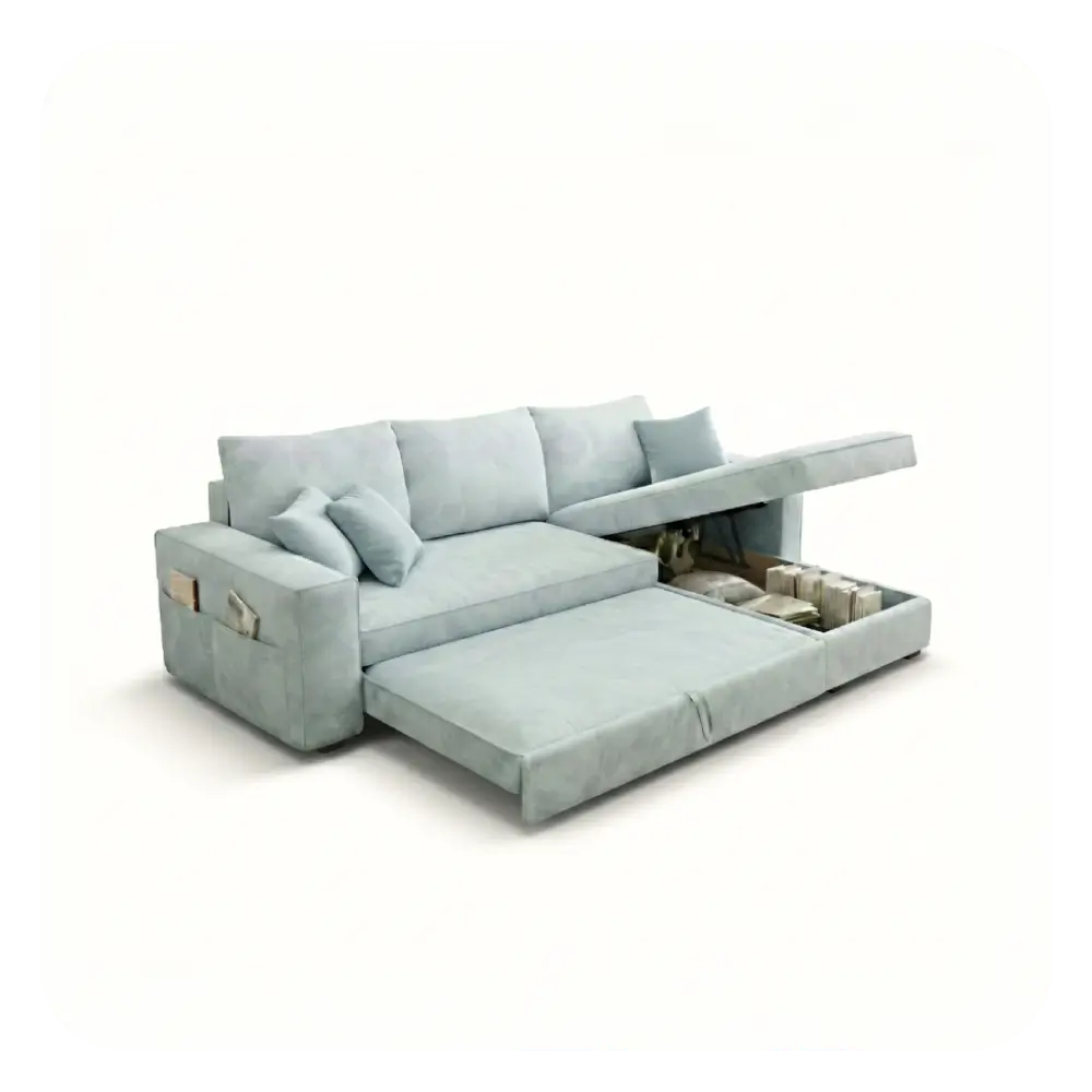 Light blue sofa with pull-out bed mechanism on a white background